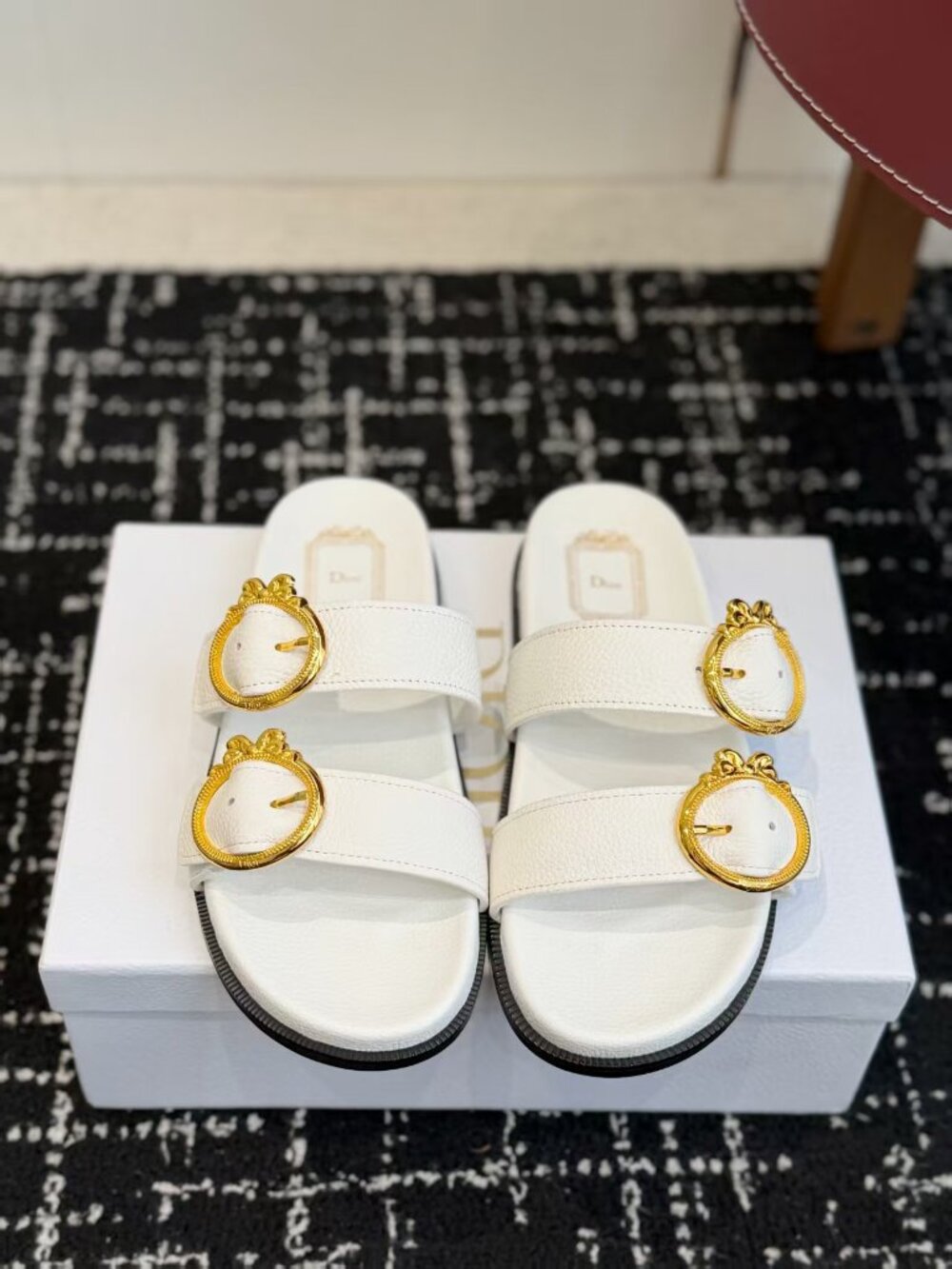 Dior White Grained Leather Slide Sandals Ornate Gold Double Buckle Slip On Flats